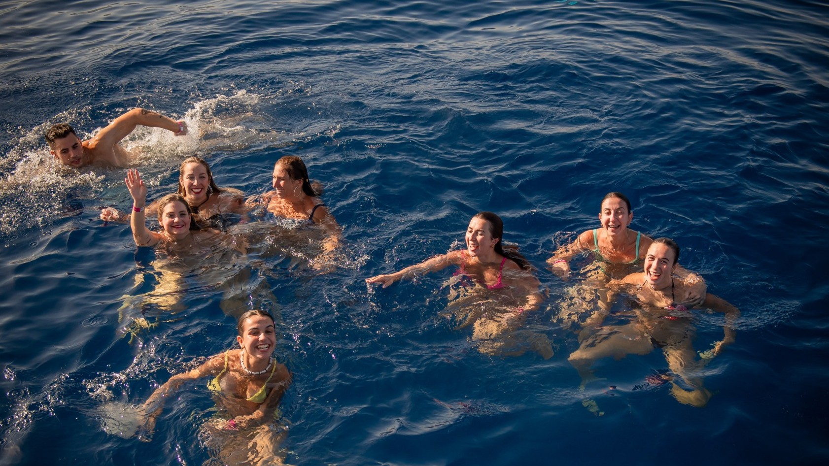 Hen group swimming in the sea during a Marbella private boat charter swim stop